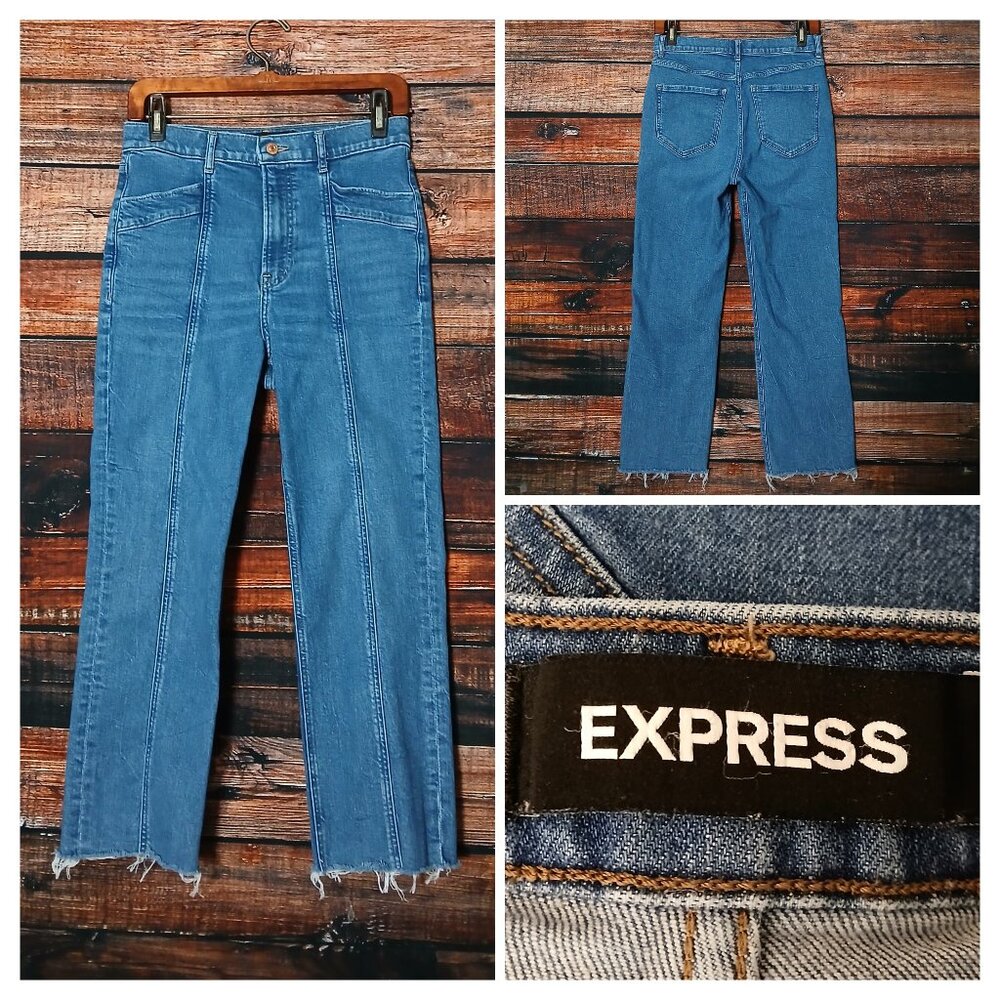 Express Jeans 8 Super High Rise Straight Crop Seamed Raw Hem Blue Denim Stretch